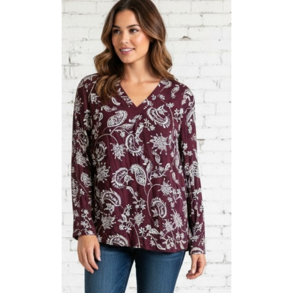 Brina & Em V-neck Hi low Paisley Print blouse Wine Size L